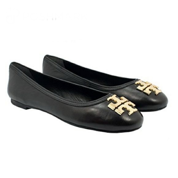 Tory Burch Black Leather Ballet Flats with large Golden Logo - Picture 1 of 12